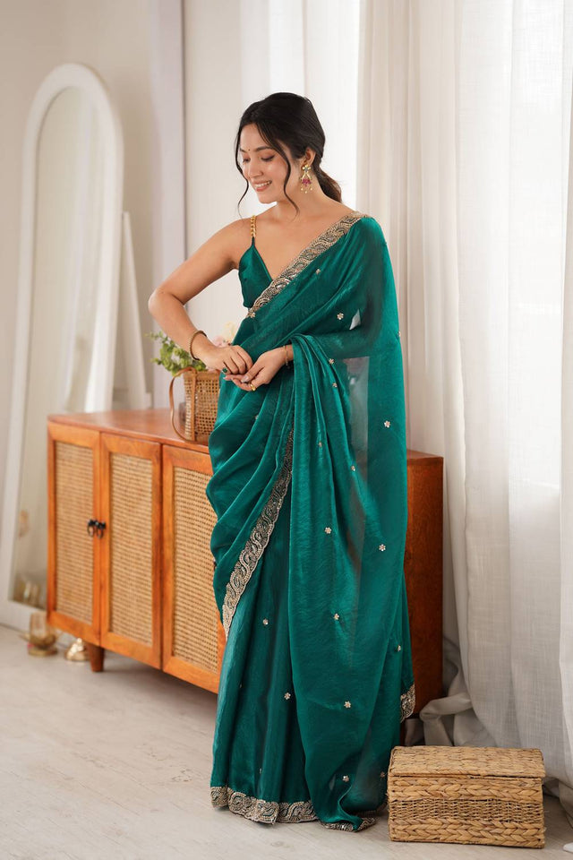 Turquoise Beads Embossed Satin Saree (ACA9768)