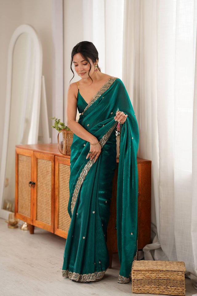 Turquoise Beads Embossed Satin Saree (ACA9768)