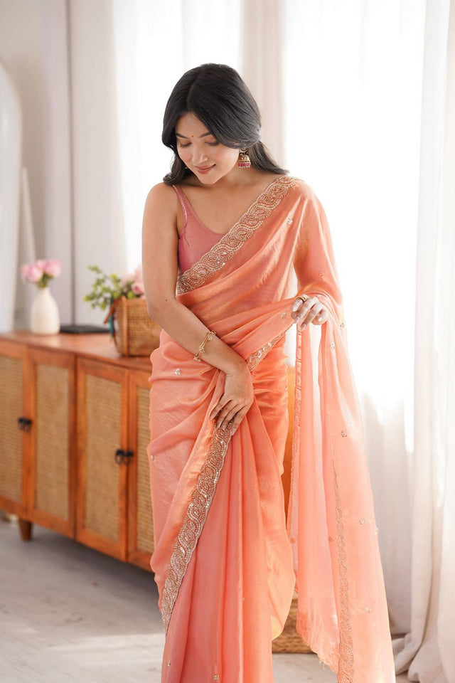 Orange Beads Embossed Satin Saree (ACA9769)