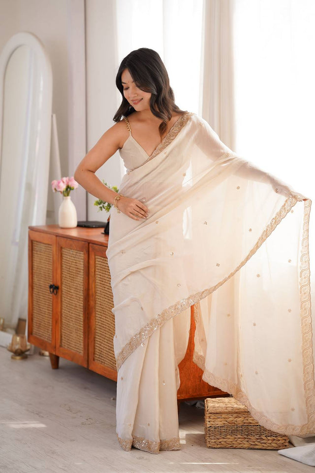 Off White Beads Embossed Satin Saree (ACA9770)