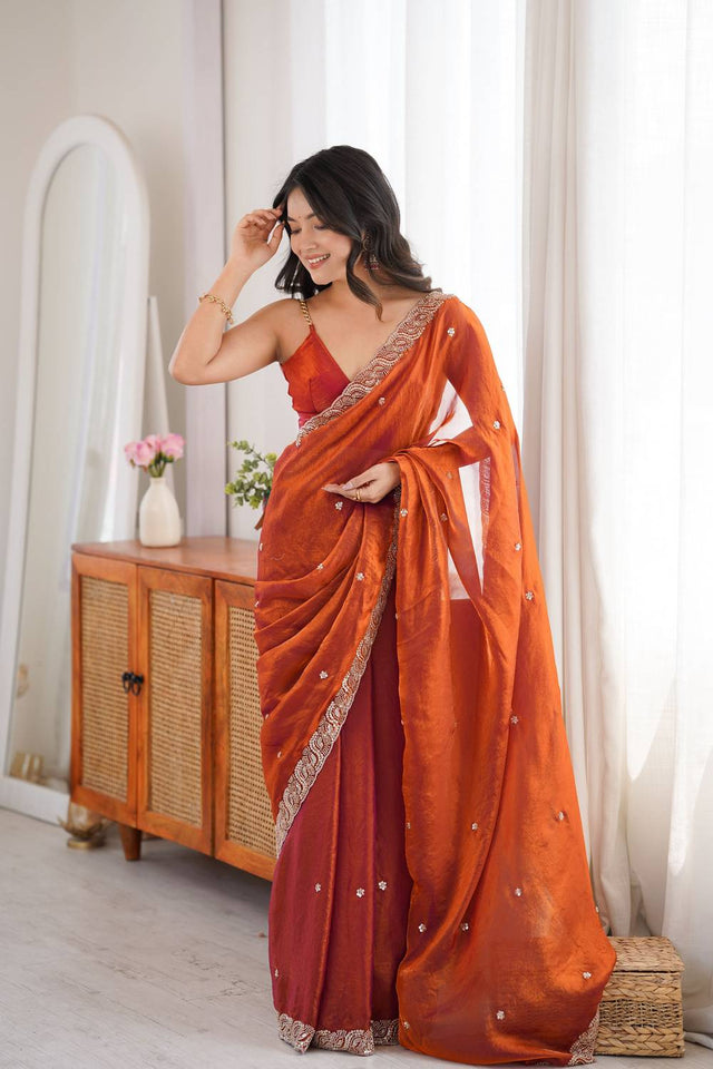 Rust Beads Embossed Satin Saree (ACA9771)
