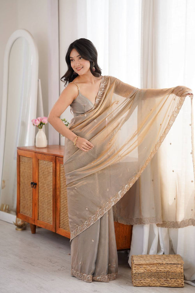 Grey Beads Embossed Satin Saree (ACA9772)