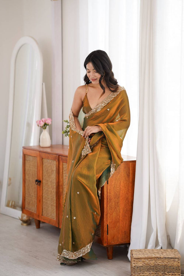 Gold Beads Embossed Satin Saree (ACA9775)