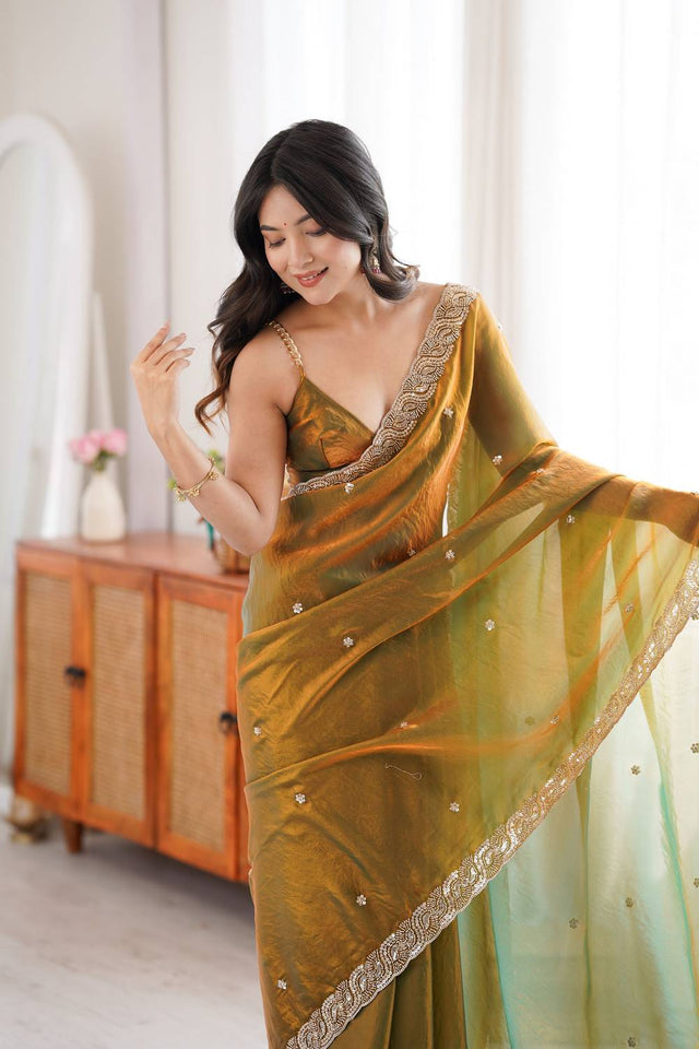 Gold Beads Embossed Satin Saree (ACA9775)