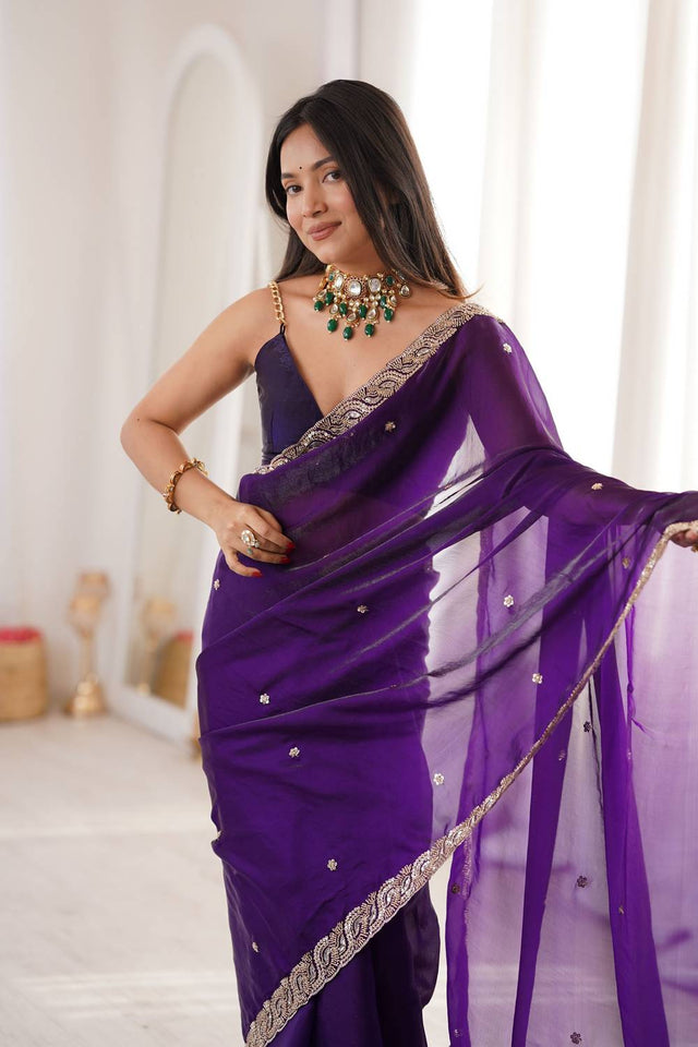 Purple Beads Embossed Satin Saree (ACA9776)