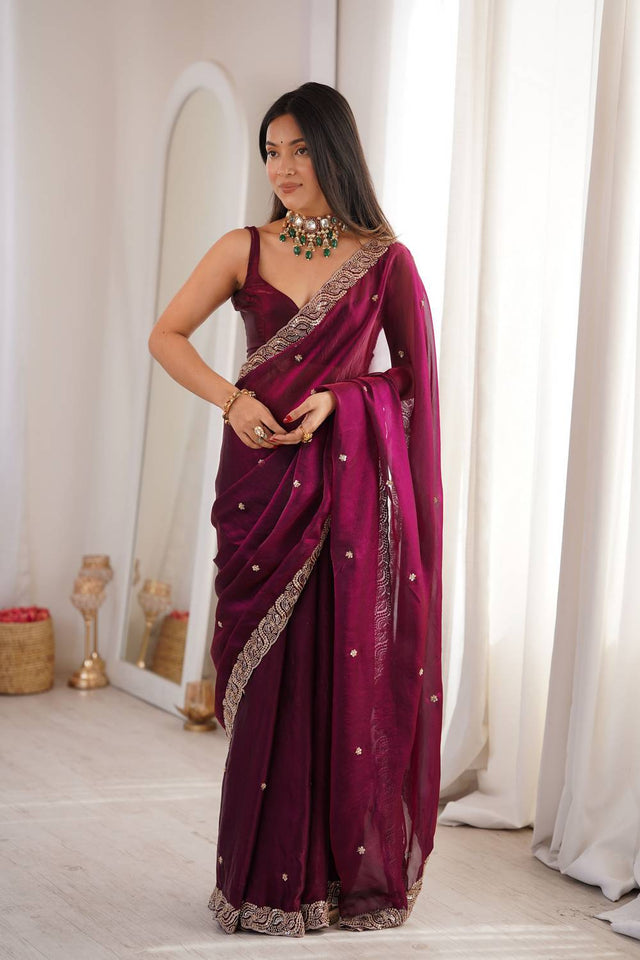 Wine Beads Embossed Satin Saree (ACA9777)