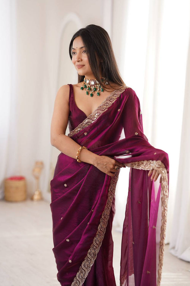 Wine Beads Embossed Satin Saree (ACA9777)