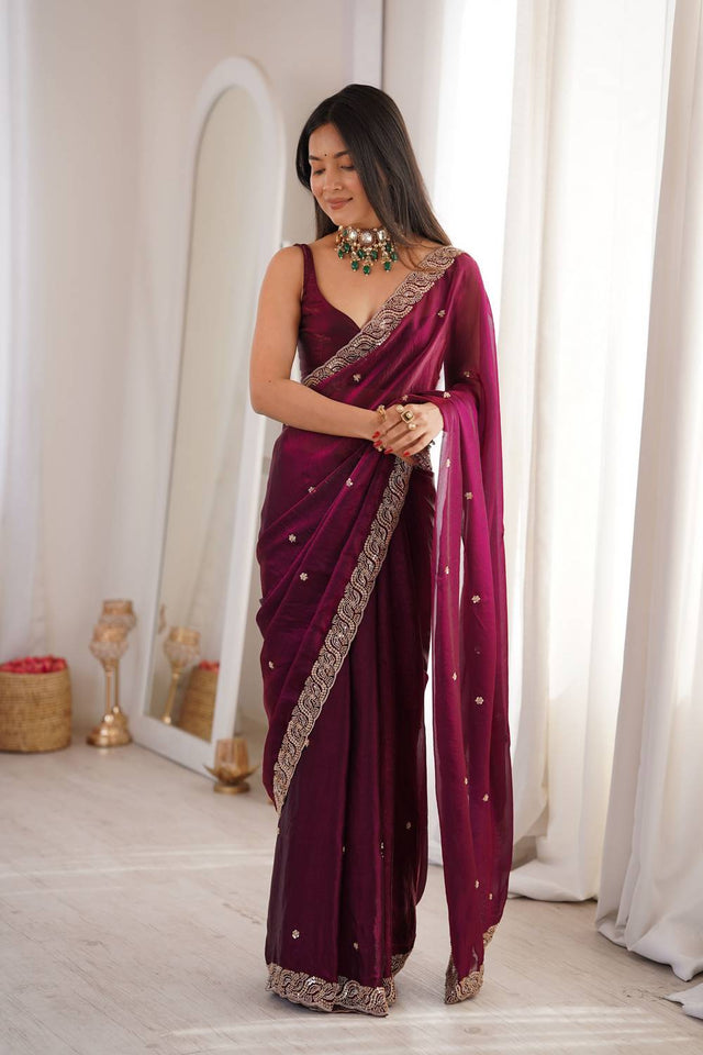 Wine Beads Embossed Satin Saree (ACA9777)