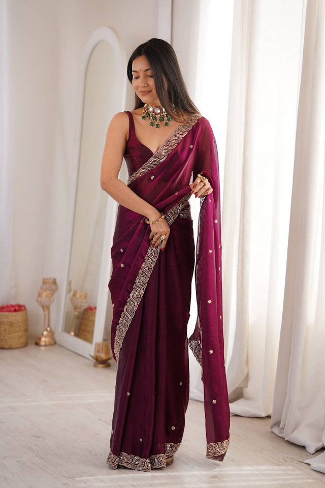 Wine Beads Embossed Satin Saree (ACA9777)