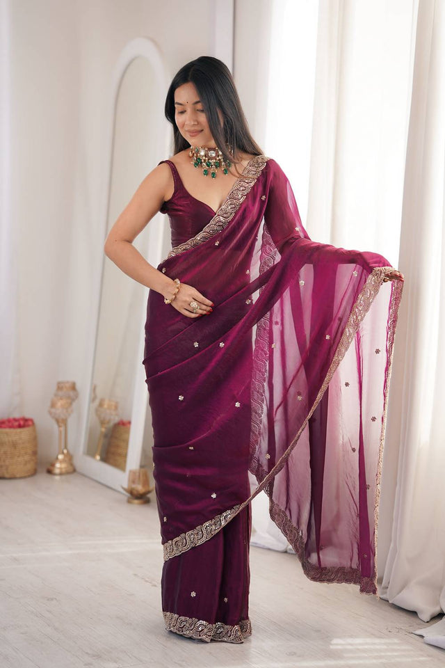 Wine Beads Embossed Satin Saree (ACA9777)