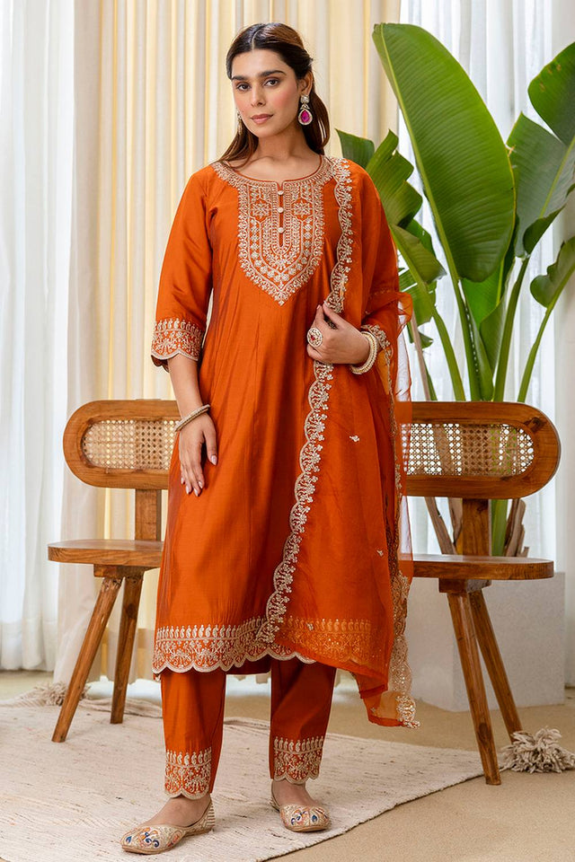Rust Embroidered Silk Blend Kurti Pant Set (ACA9778)