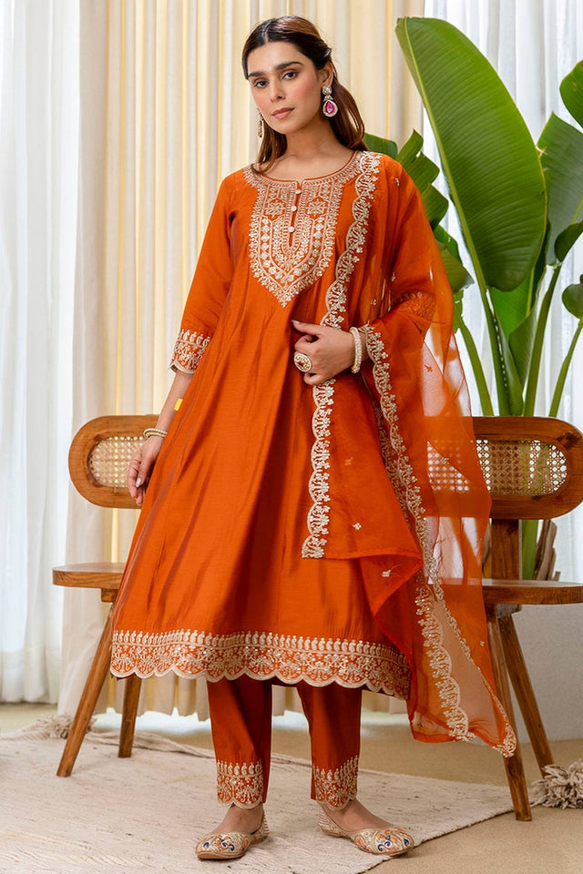 Rust Embroidered Silk Blend Kurti Pant Set (ACA9778)