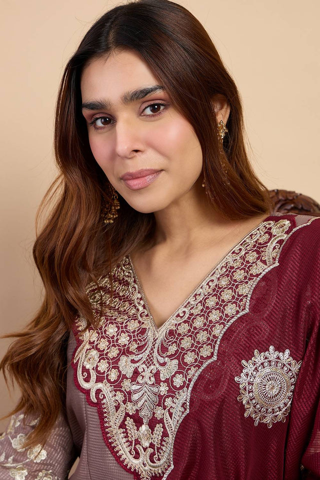 Grey Embroidered Silk Blend Kurti Pant Set (ACA9779)