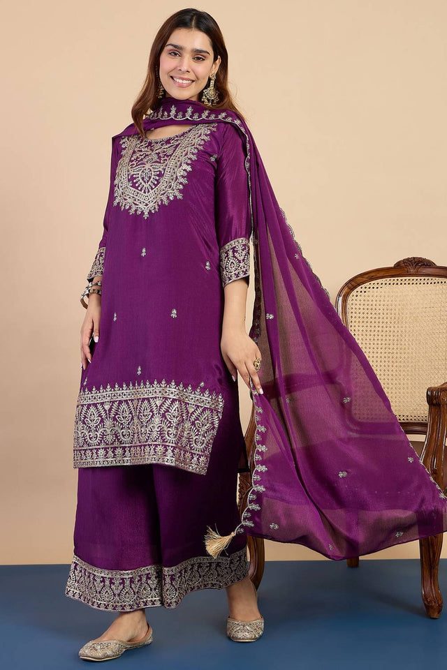 Purple Embroidered Silk Blend Kurti Pant Set (ACA9780)