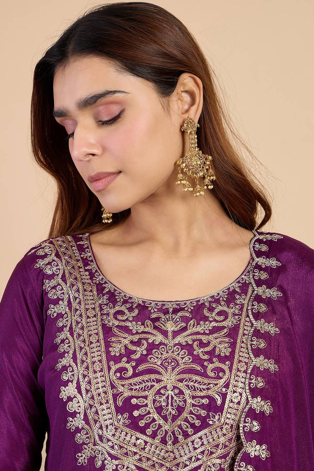 Purple Embroidered Silk Blend Kurti Pant Set (ACA9780)
