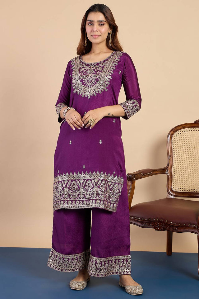 Purple Embroidered Silk Blend Kurti Pant Set (ACA9780)