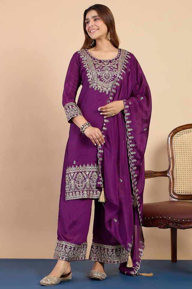 Purple Embroidered Silk Blend Kurti Pant Set (ACA9780)