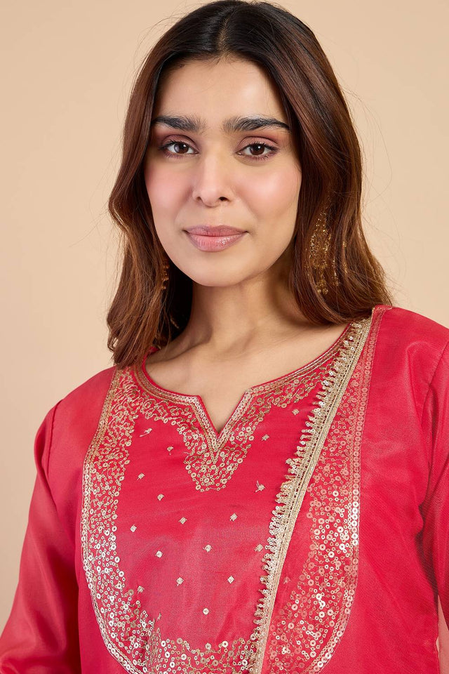 Pink Sequin with Embroidered Silk Blend Kurti Pant Set (ACA9781)