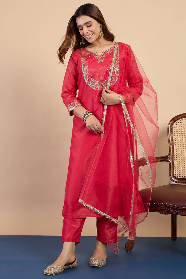 Pink Sequin with Embroidered Silk Blend Kurti Pant Set (ACA9781)