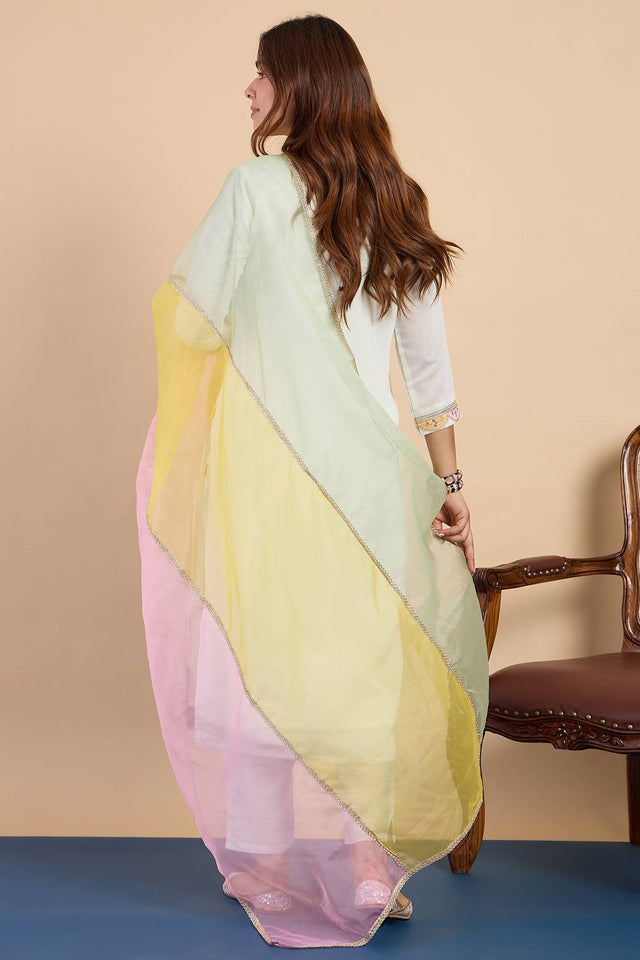 Off White Embroidered Silk Blend Kurti Pant Set (ACA9782)
