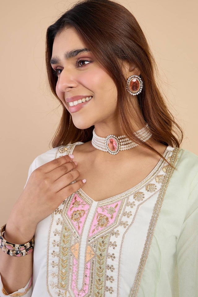 Off White Embroidered Silk Blend Kurti Pant Set (ACA9782)