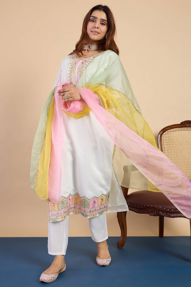 Off White Embroidered Silk Blend Kurti Pant Set (ACA9782)
