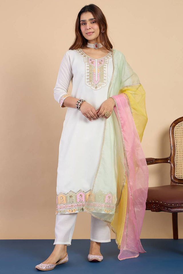 Off White Embroidered Silk Blend Kurti Pant Set (ACA9782)