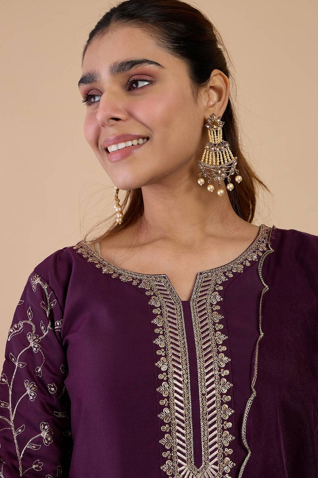 Wine Embroidered Silk Blend Kurti Pant Set (ACA9783)