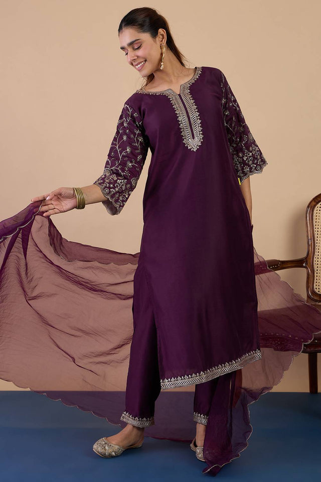 Wine Embroidered Silk Blend Kurti Pant Set (ACA9783)