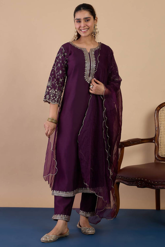 Wine Embroidered Silk Blend Kurti Pant Set (ACA9783)
