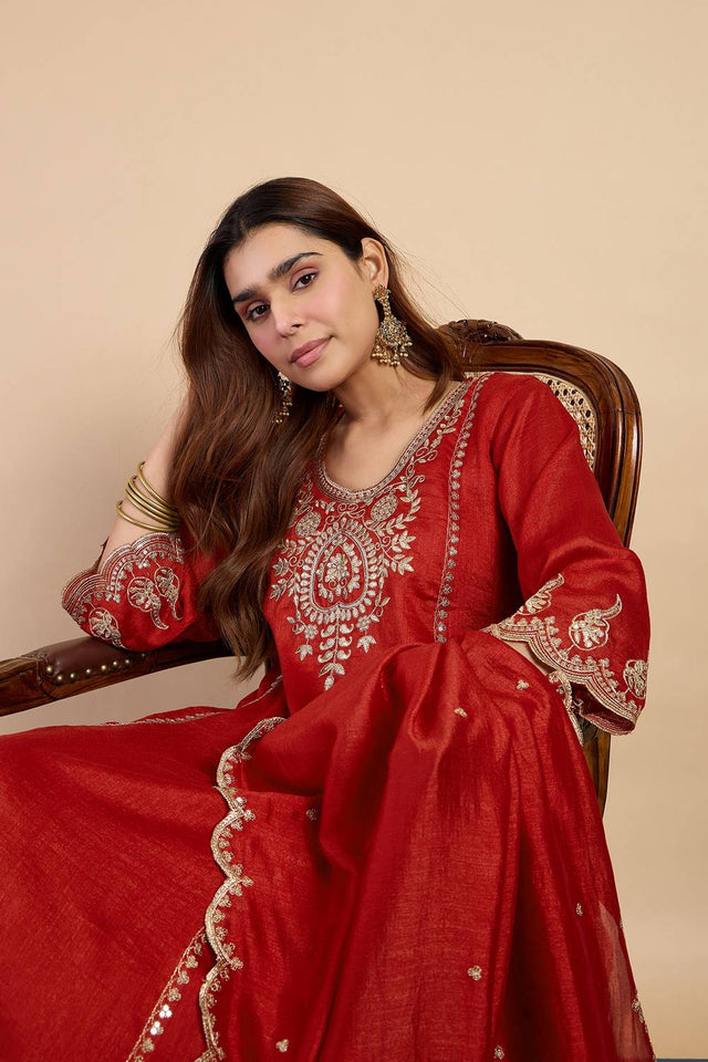 Rust Sequin with Embroidered Silk Blend Kurti Pant Set (ACA9784)