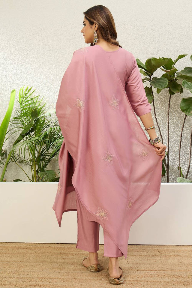 Light Pink Floral Embroidered Silk Kurti Pant Set (ACA9785)