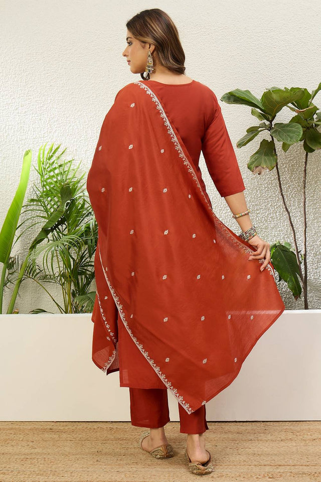 Rust Floral Embroidered Silk Kurti Pant Set (ACA9786)