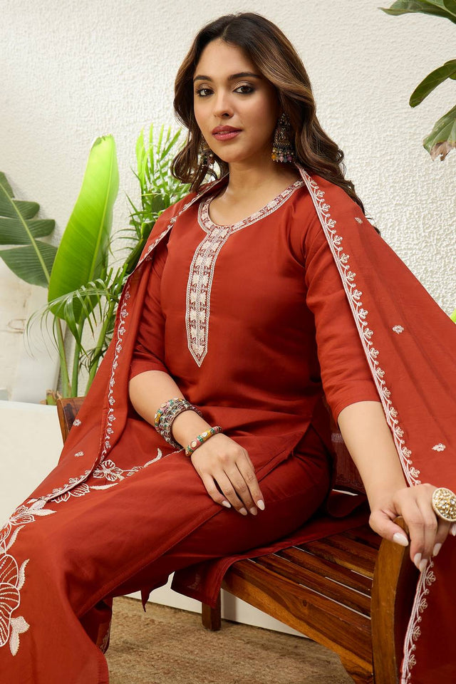 Rust Floral Embroidered Silk Kurti Pant Set (ACA9786)