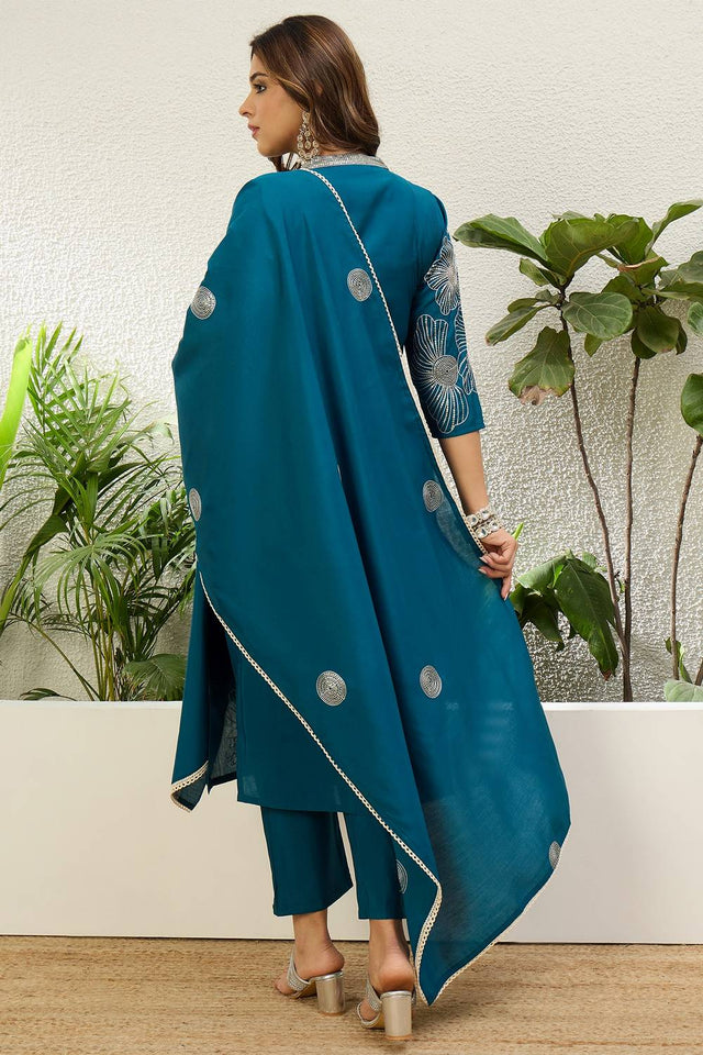 Turquoise Floral Embroidered Silk Kurti Pant Set (ACA9788)