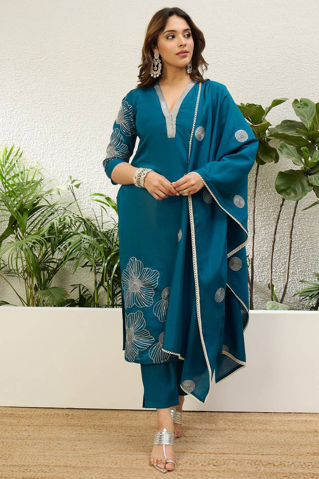 Turquoise Floral Embroidered Silk Kurti Pant Set (ACA9788)