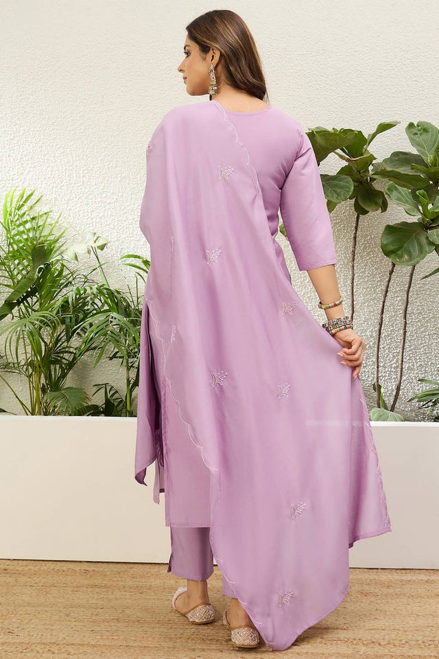 Lavender Floral Embroidered Silk Kurti Pant Set (ACA9789)