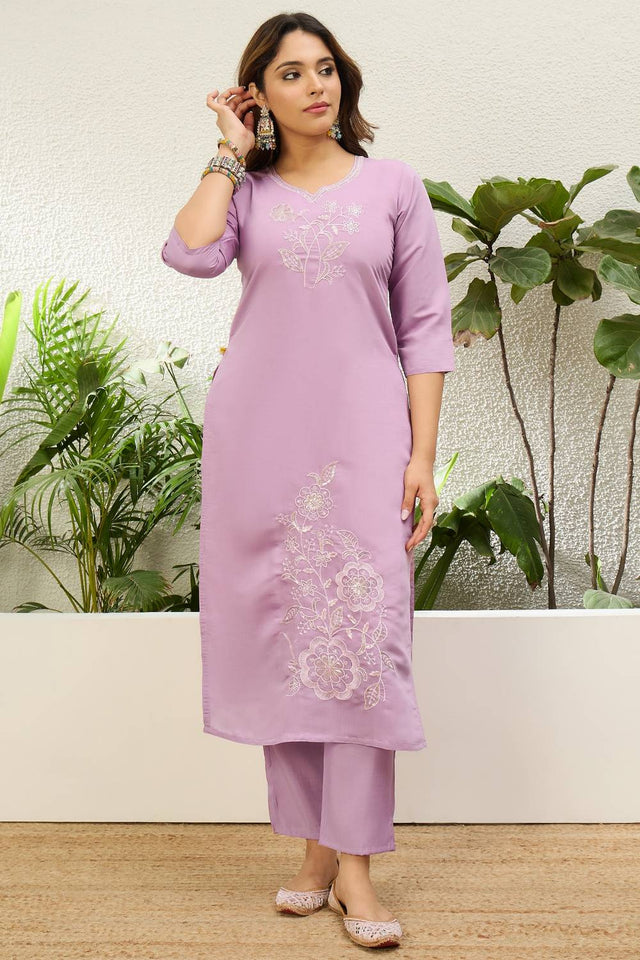Lavender Floral Embroidered Silk Kurti Pant Set (ACA9789)