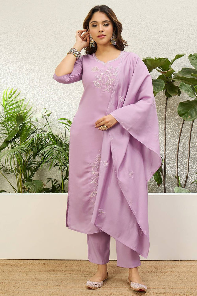 Lavender Floral Embroidered Silk Kurti Pant Set (ACA9789)