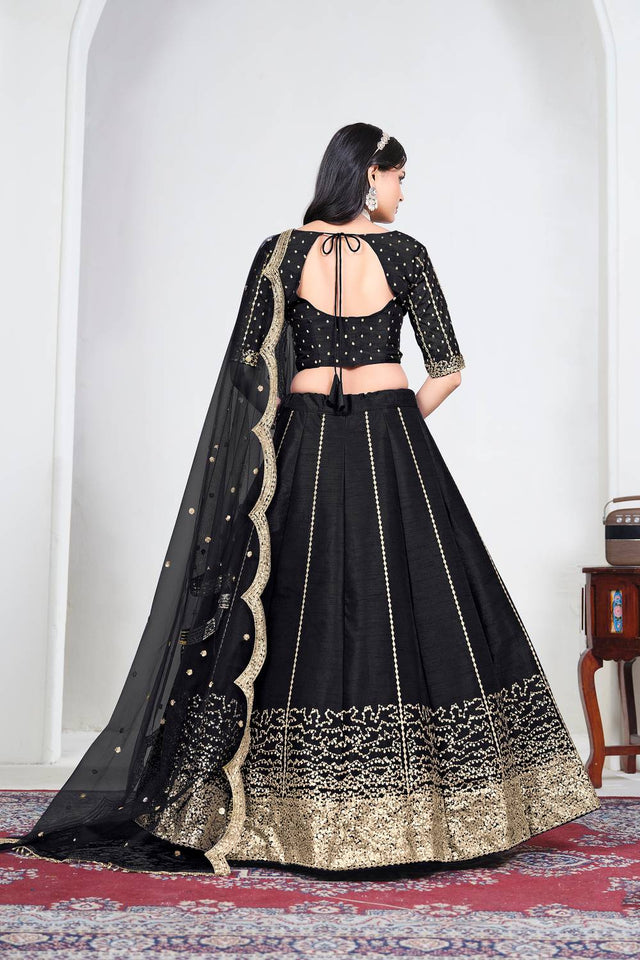 Black Sequin with Embroidered Art Silk Lehenga (ACA9790)