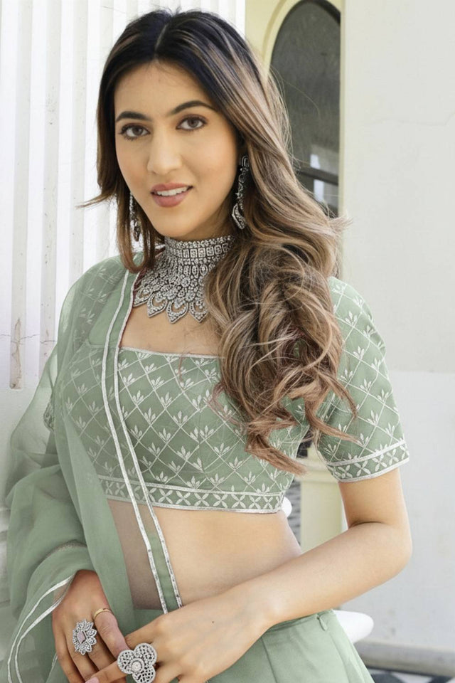 Green Solid Organza Lehenga (ACA9803)