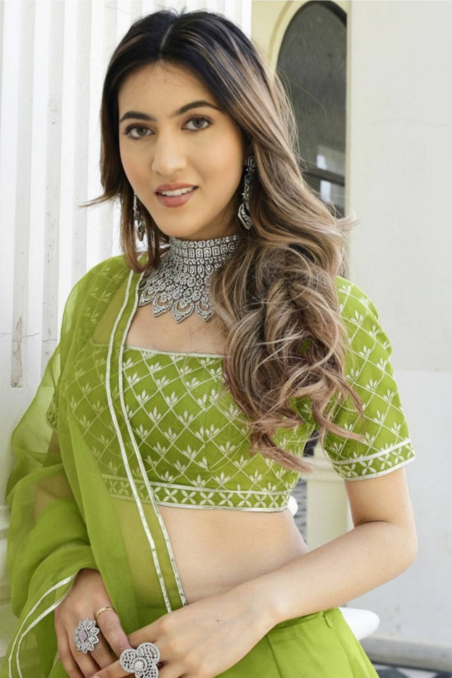 Green Solid Organza Lehenga (ACA9806)