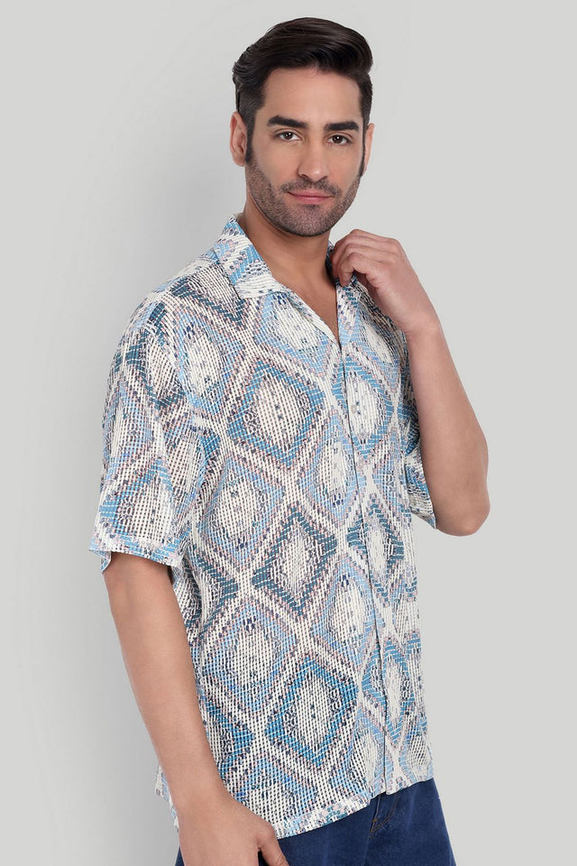 Mens Blue Printed Cotton Blend Shirt (ACA9816)