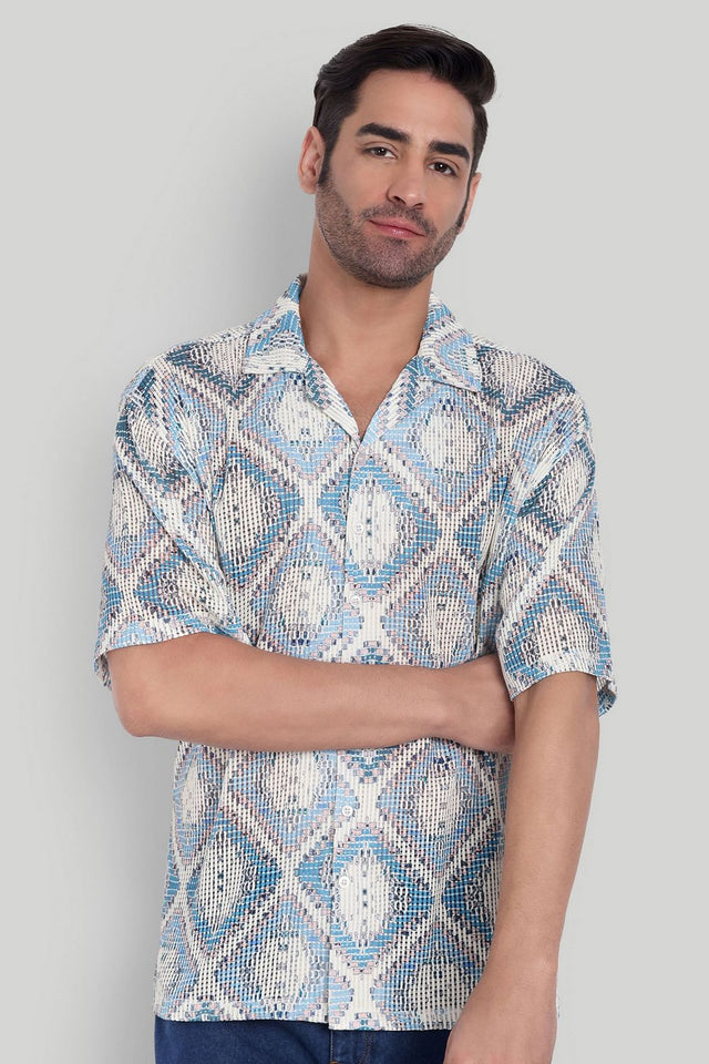 Mens Blue Printed Cotton Blend Shirt (ACA9816)