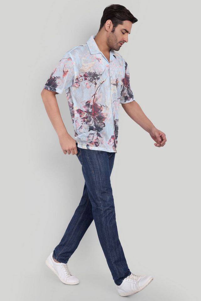 Mens Blue Printed Cotton Blend Shirt (ACA9823)