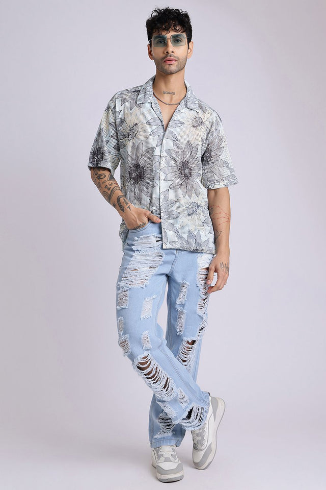 Mens Blue Printed Cotton Blend Shirt (ACA9825)