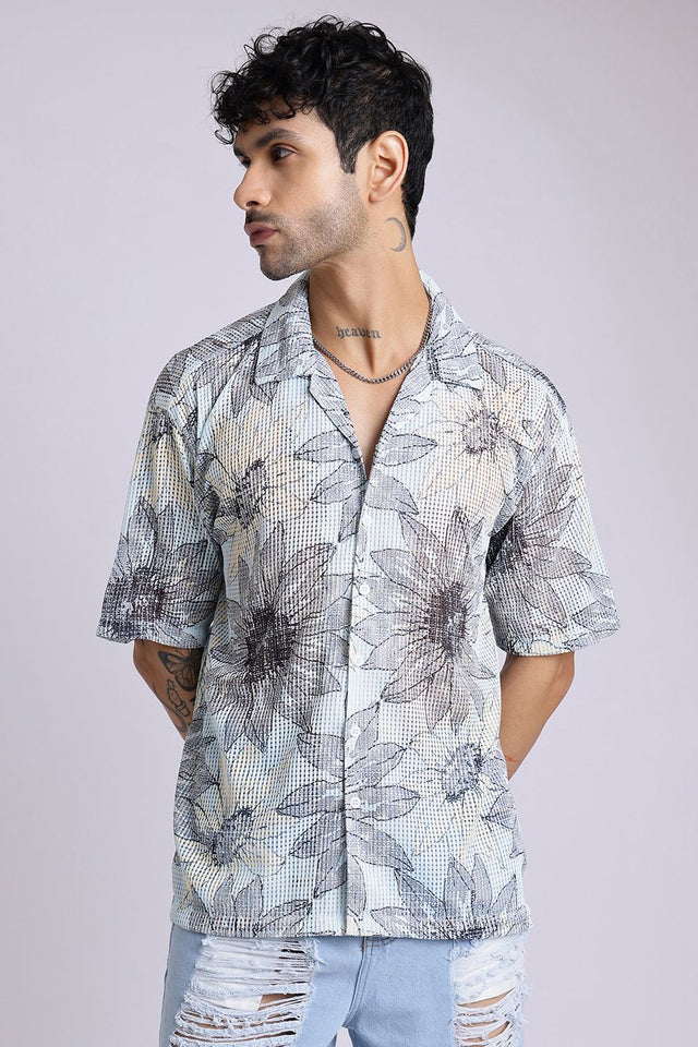 Mens Blue Printed Cotton Blend Shirt (ACA9825)