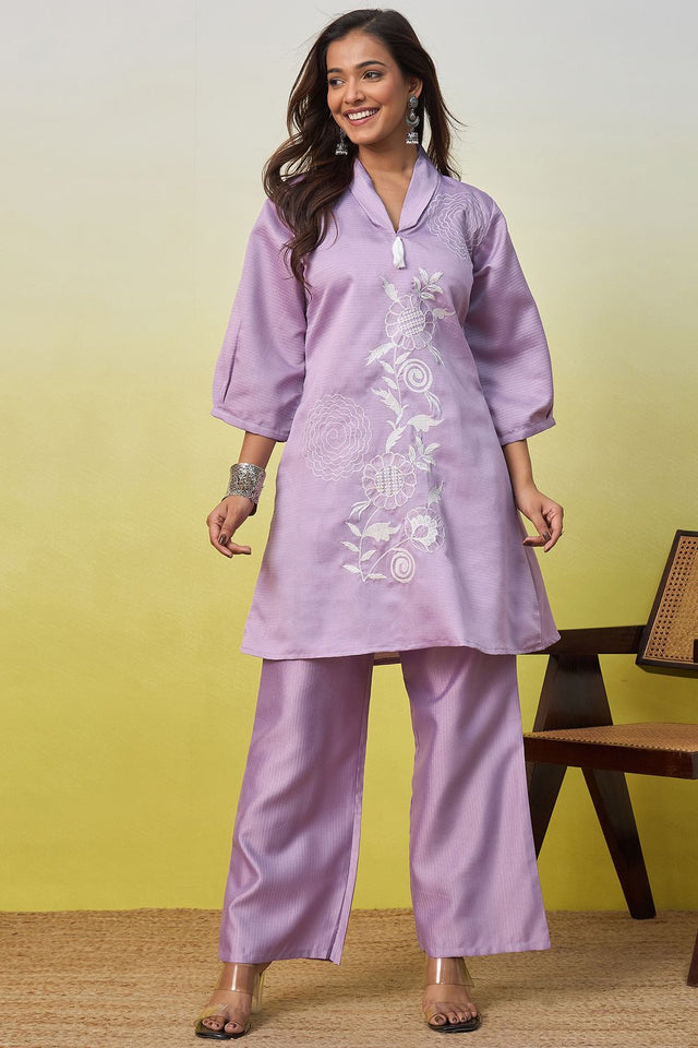 Lavender Embroidered Viscose Co-Ord Set (ACA9827)