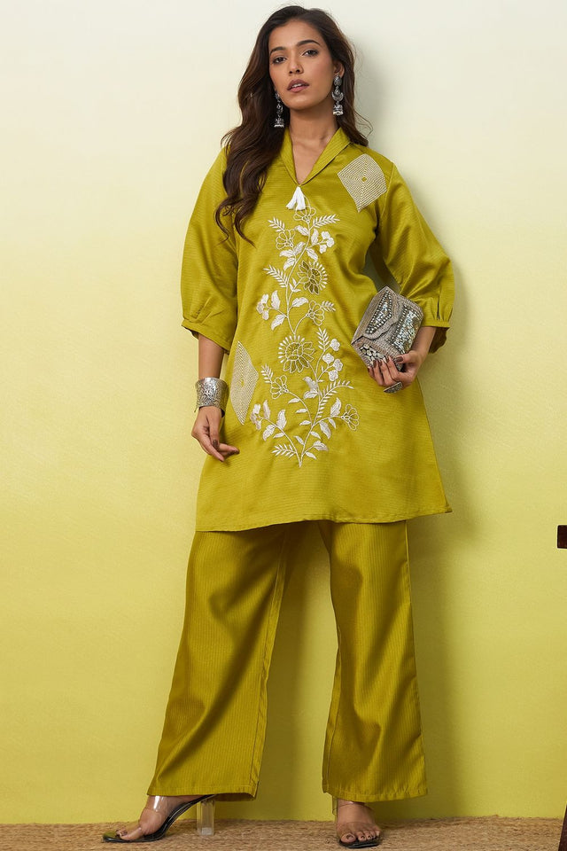 Yellow Embroidered Viscose Co-Ord Set (ACA9828)