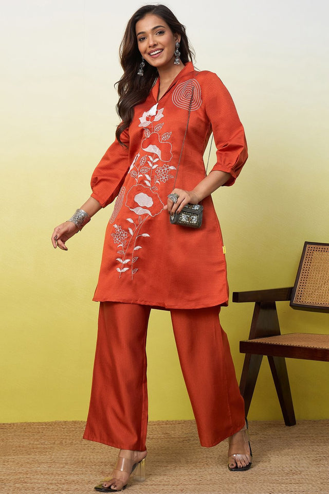Rust Embroidered Viscose Co-Ord Set (ACA9831)